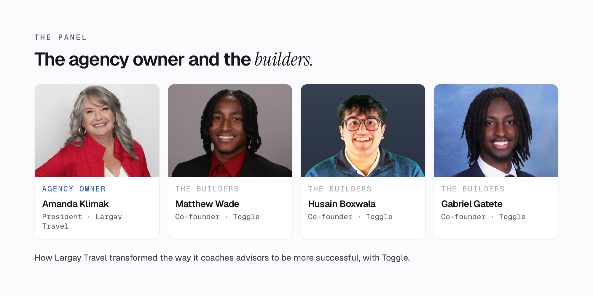 A presentation slide titled “The agency owner and the builders,” showing headshots of Amanda Klimak, Matthew Wade, Husain Boxwala, and Gabriel Gatete.